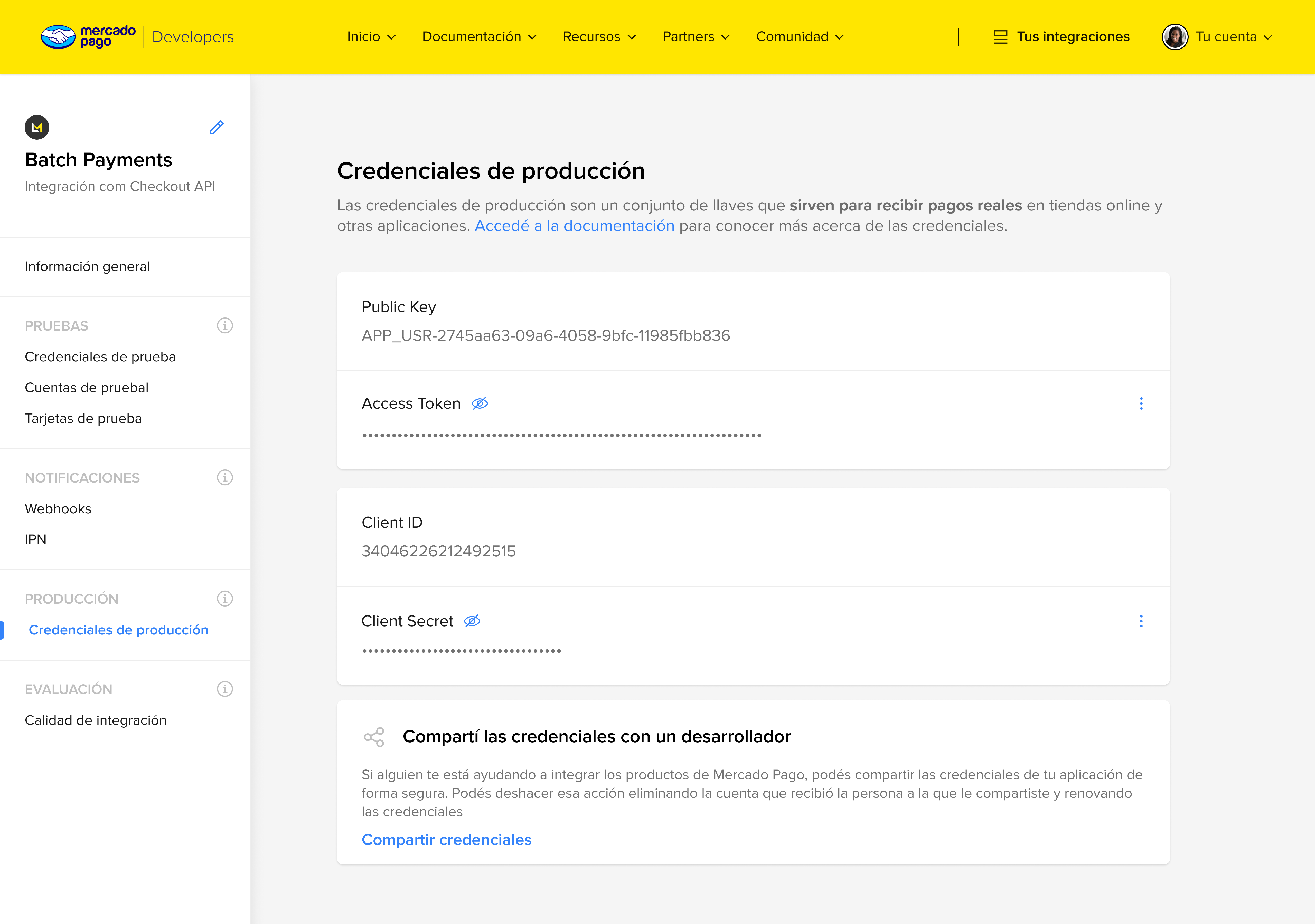 Pantalla Credenciales de producción